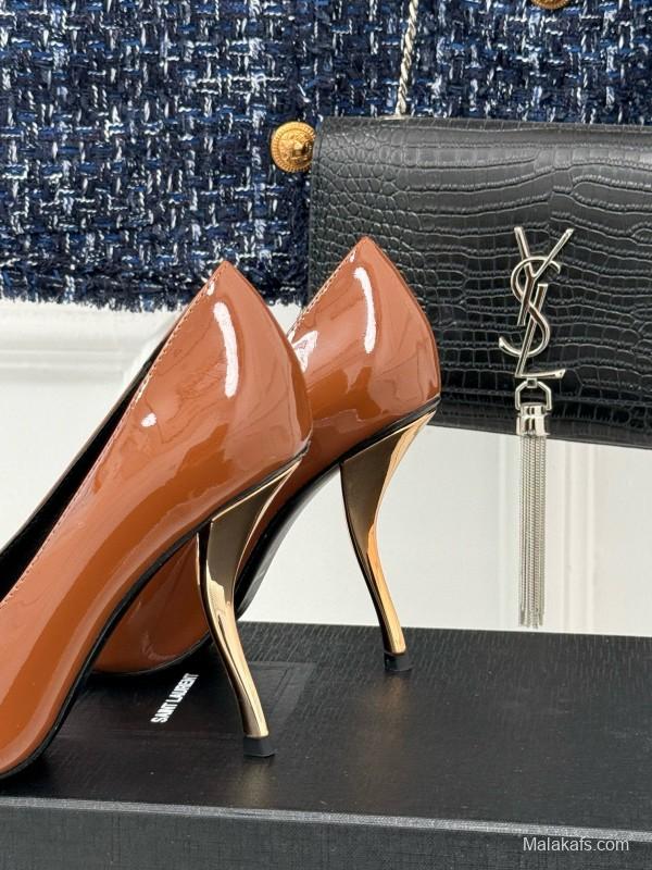 2024 Women Yves Saint Laurent Brown Patent Leather High Heels Metal Tip MJ00330