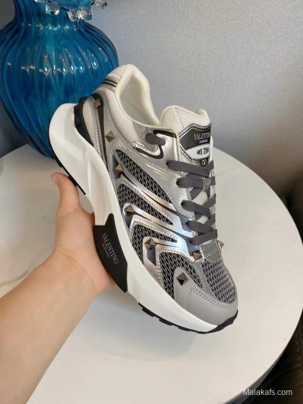 2024 Unisex Valentino White Black Grey Mesh Leather Sneakers MJ00410