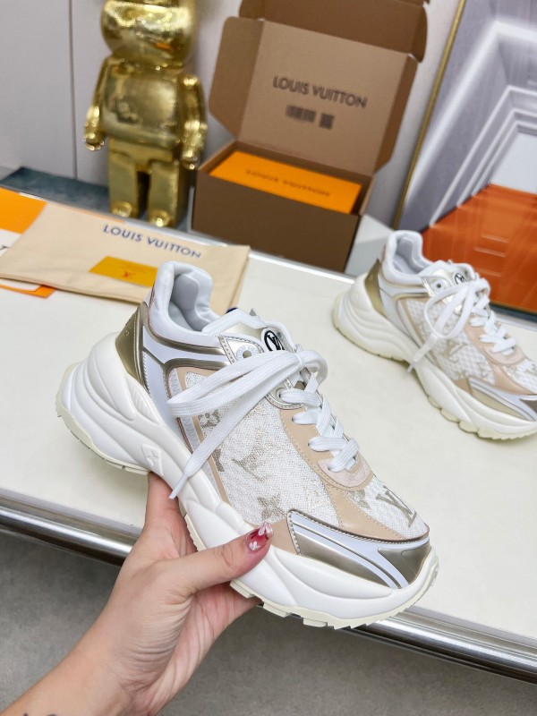 2025 Women Louis Vuitton White Beige Mesh Leather Sneakers LY00340