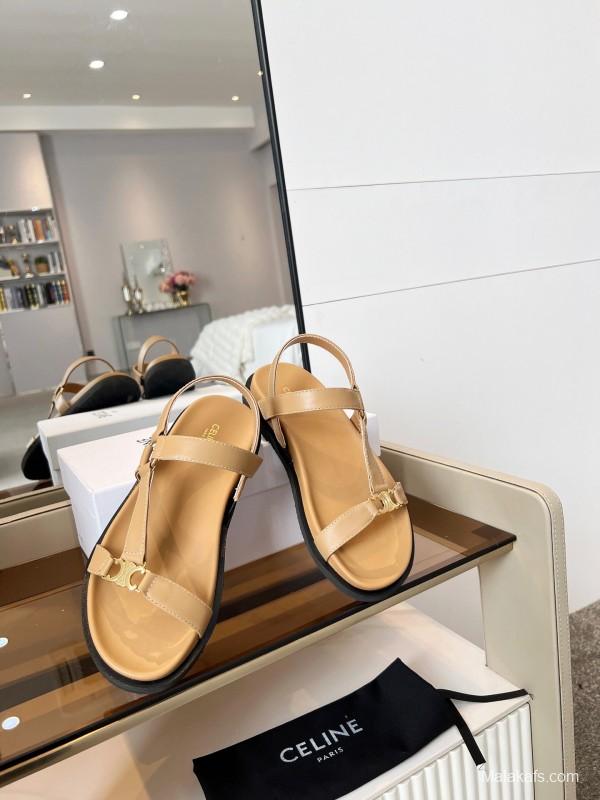 2025 Women Celine Beige Leather Sandals LY00220