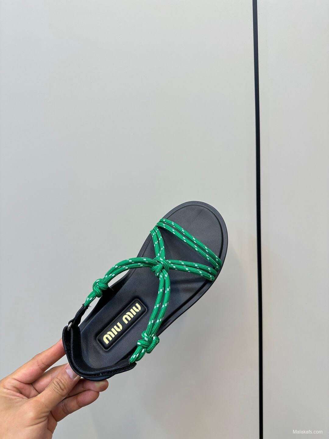 2025 Women Miu Miu Green Leather Sandals