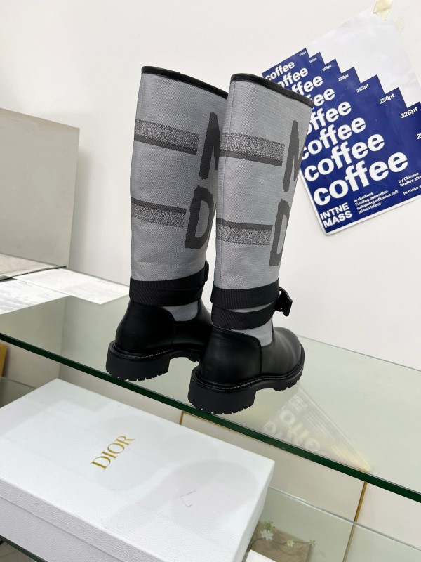 2024 Women Dior Black Grey Leather Fabric Knee High Boots