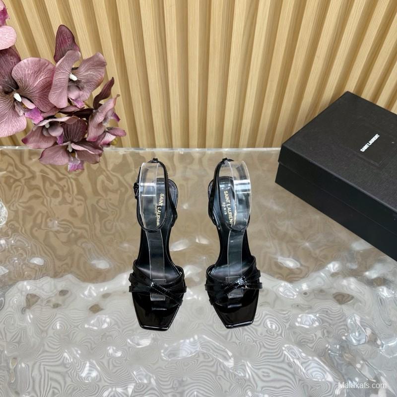 2025 Women Yves Saint Laurent Black Patent Leather High Heel Sandals Metal Logo MJ00310