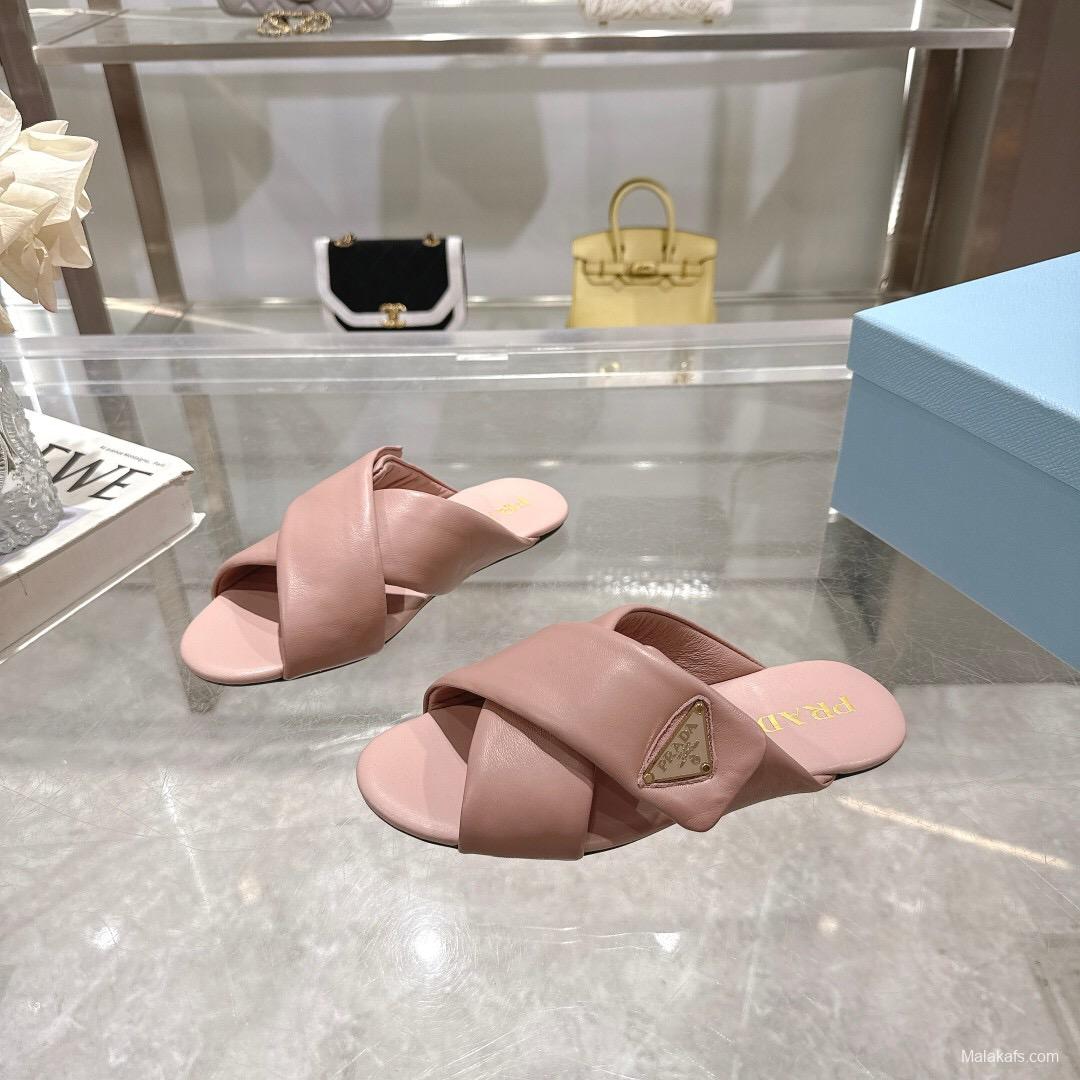 2025 Women Prada Pink Leather Slippers