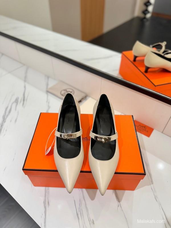 2025 Women Hermès White Leather Mary Jane
