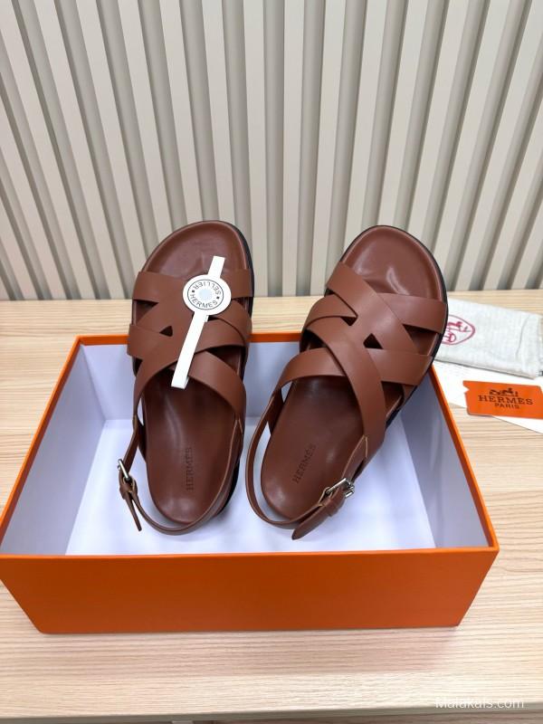 2025 Women Hermès Brown Leather Sandals LY00270