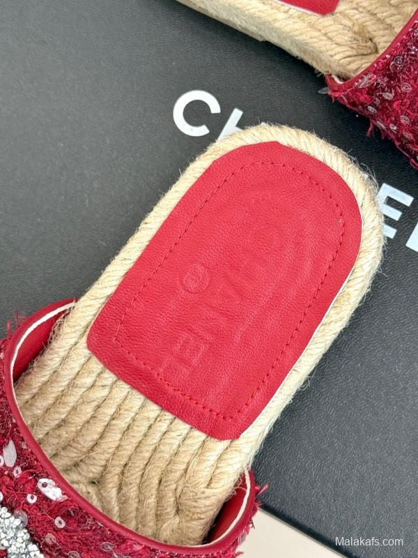 2025 Women Chanel Red Sequin Espadrille Slides Classic Craftsmanship KFY00240(F)