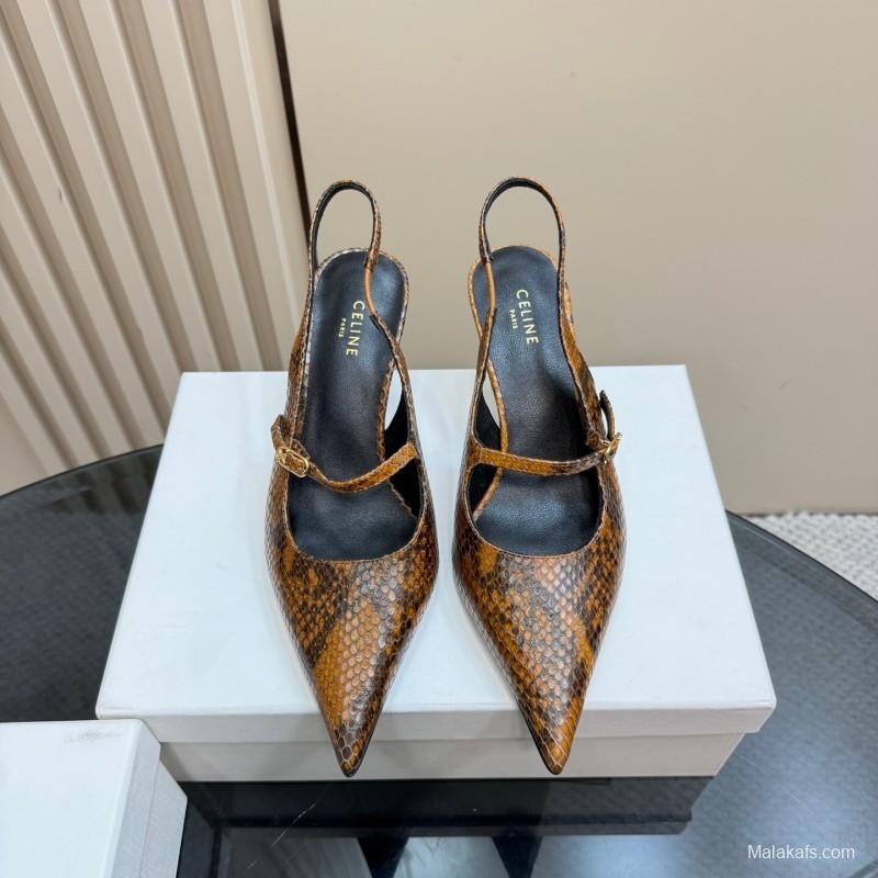 2025 Women CELINE Brown Snake Leather Slingback Pumps