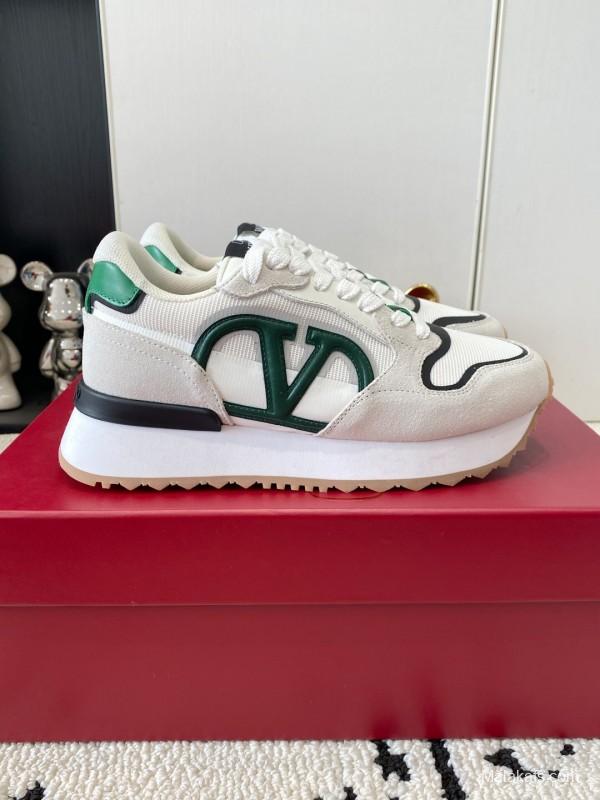 2025 Unisex Valentino White Green Leather Silk Sneakers LY00340