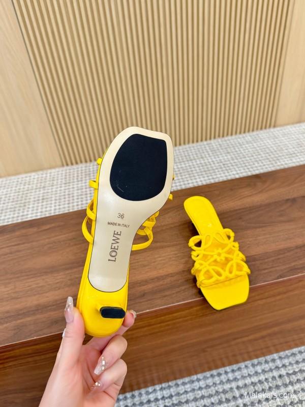 2025 Women Loewe Yellow Leather Heeled Mules LY00250