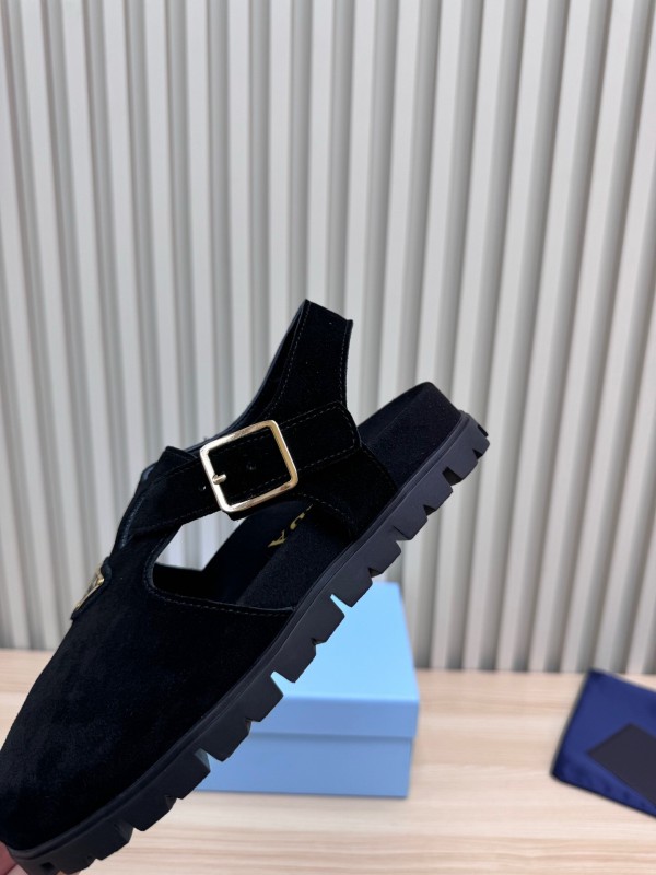 2025 Women Prada Black Suede Sandals LY00280