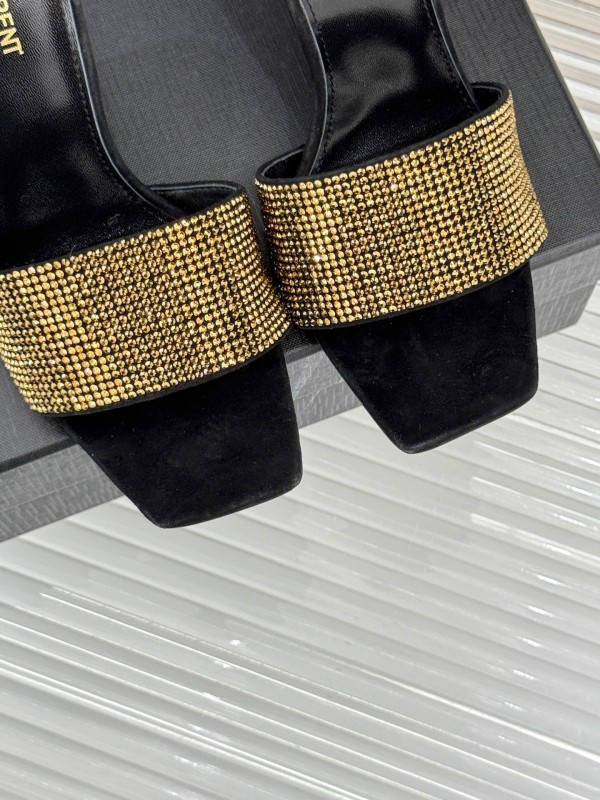 2025 Women Yves Saint Laurent Black Gold Leather High Heel Slip-On LY00300