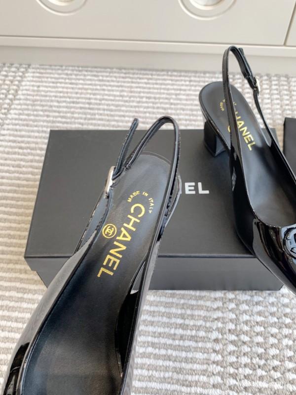 2025 Women Chanel Black Patent Leather Slingback Pumps Heart CC KFY00300