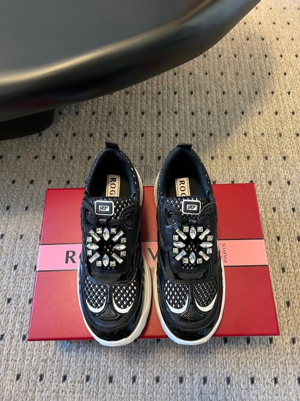 2025 Women Roger Vivier Black Leather Mesh Sneakers