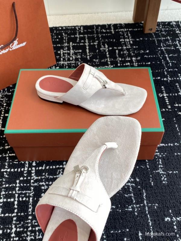 2025 Women Le Parmentier White Suede Thong Sandals KFY00280