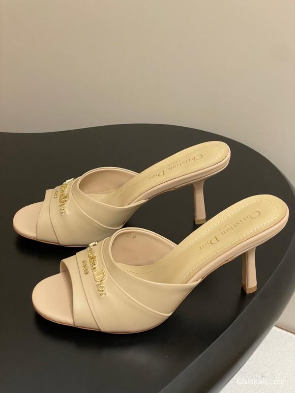 2025 Women Dior Beige Leather Heeled Slippers Christian Dior Logo