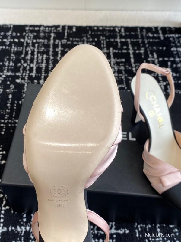 2025 Women Chanel Pink Black Satin Leather Slingback Heels KFY00289