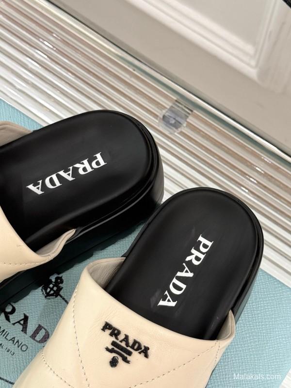 2025 Women Prada Beige Leather Platform Sandals