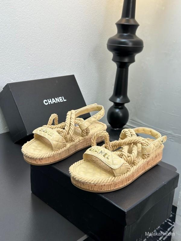 2025 Women Chanel Beige Rope Leather Slingback Sandals