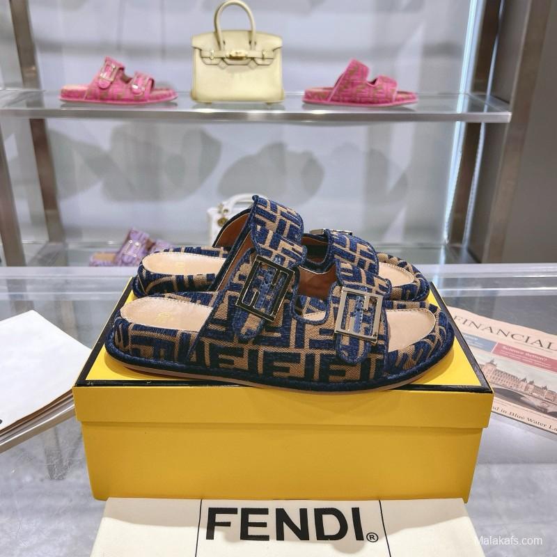 2025 Slippers Fendi Blue Brown Jacquard FF Pattern MJ00230