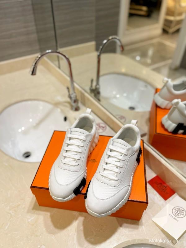 2024 Unisex Hermès White Imported Kipskin Silk Leather Casual Sneakers MJ00320