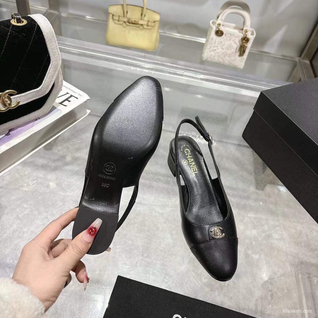 2025 Women Chanel Black Leather Slingback Pumps LY00300