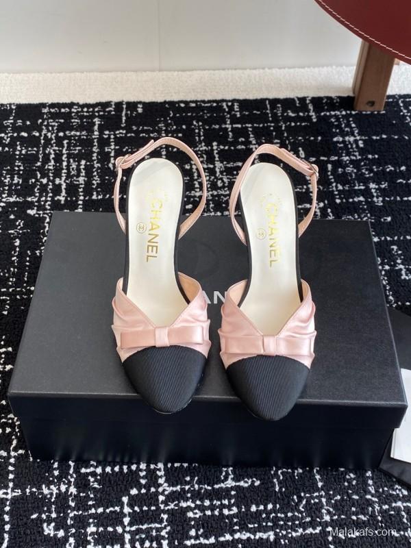 2025 Women Chanel Pink Black Satin Leather Slingback Heels KFY00289