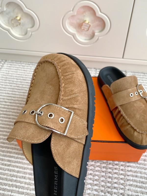2025 Women Hermès Deep Brown Suede Mule Buckle KFY00290