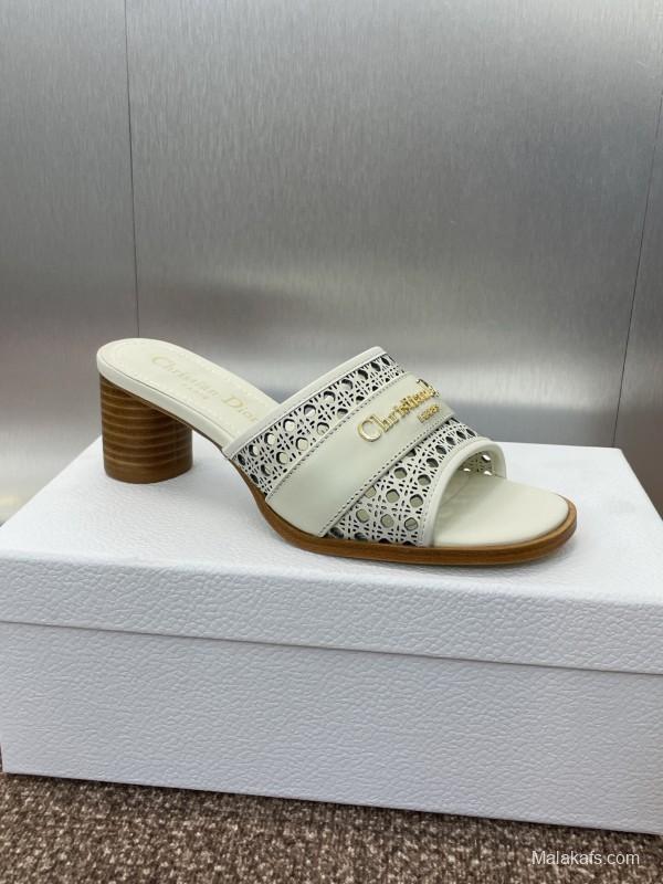 2025 Women Dior White Leather Sandals CD Pattern Low Heel KFY00310