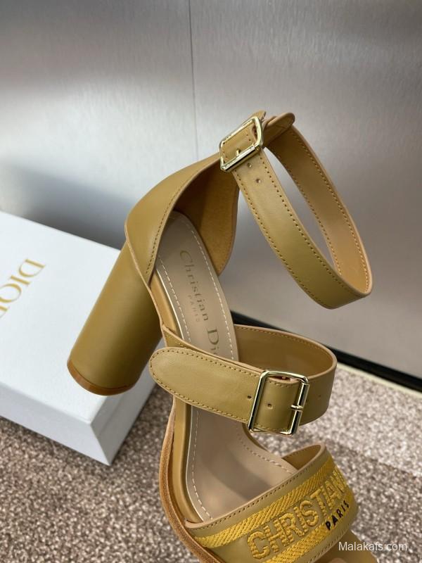 2025 Women Dior Yellow Leather Embroidered High Heel Sandals