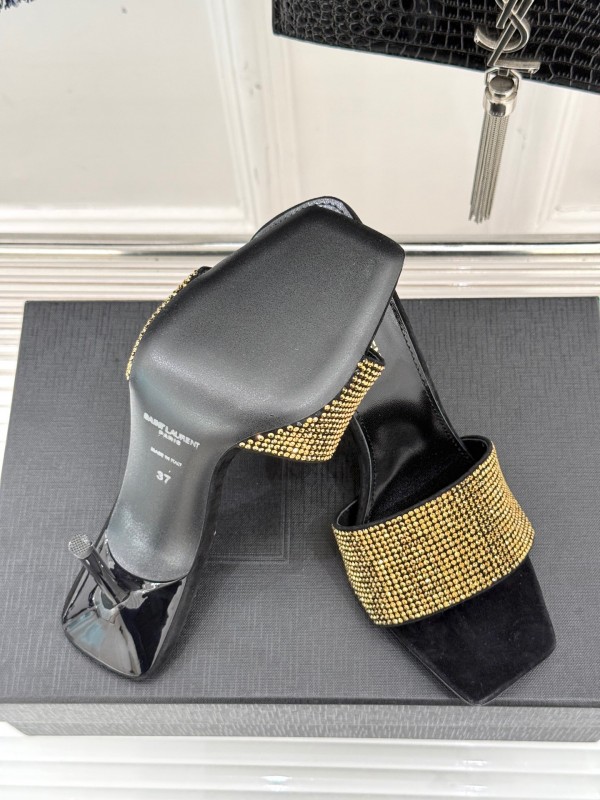2025 Women Yves Saint Laurent Black Gold Leather High Heel Slip-On LY00300