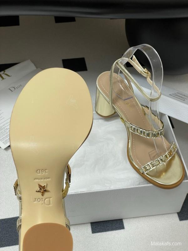 2025 Women Dior Gold Leather Crystal Block Heel Sandals