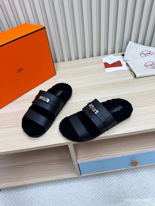 2024 Women Hermès Black Leather Shearling Slippers