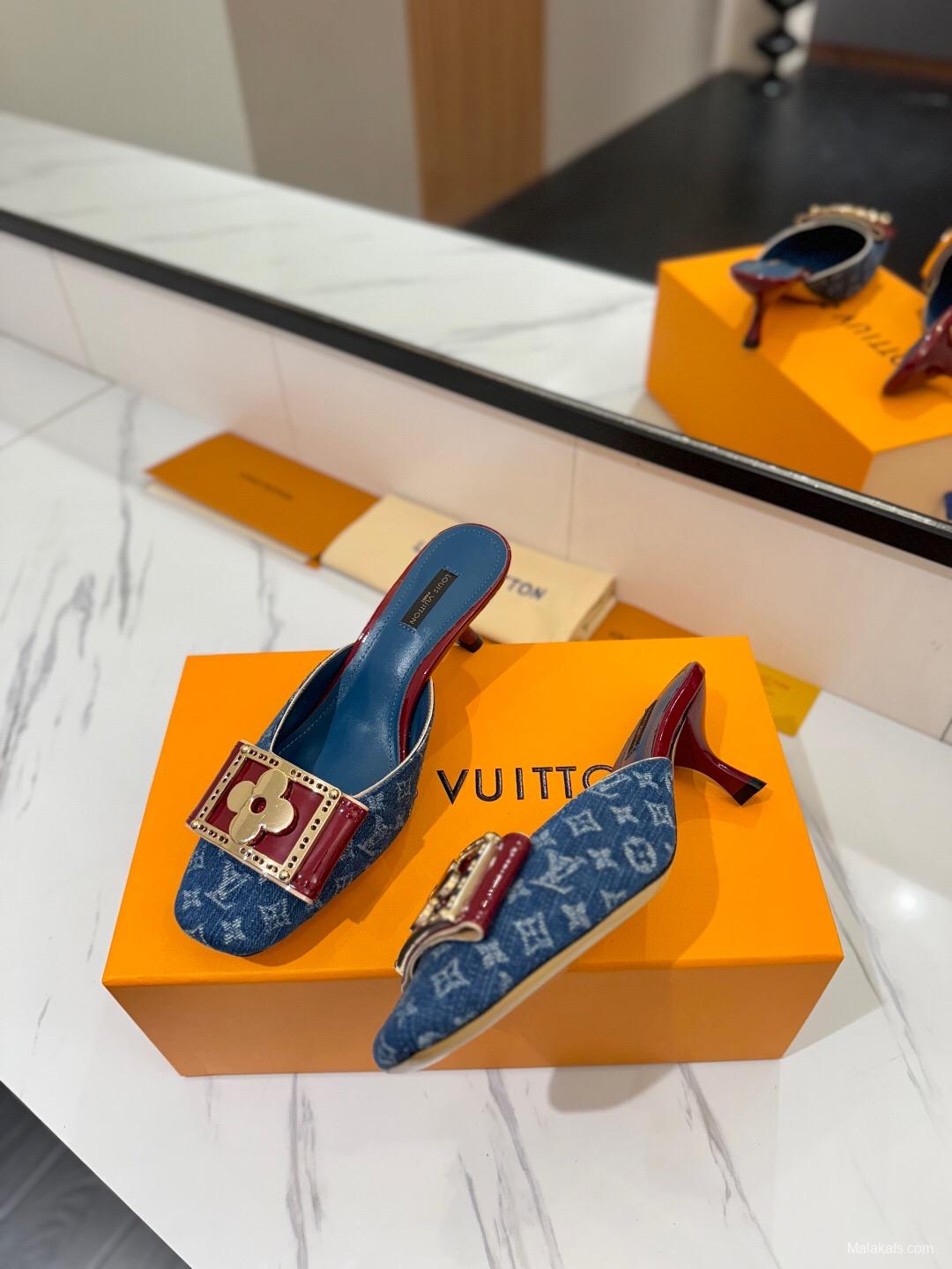 2025 Women LV Blue Denim Leather Mules KFY00320