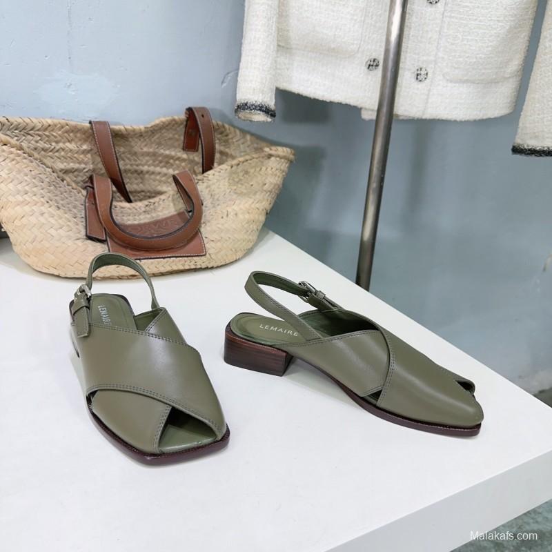 2025 Women Lemaire Green Leather Slingback Sandals KFY00310