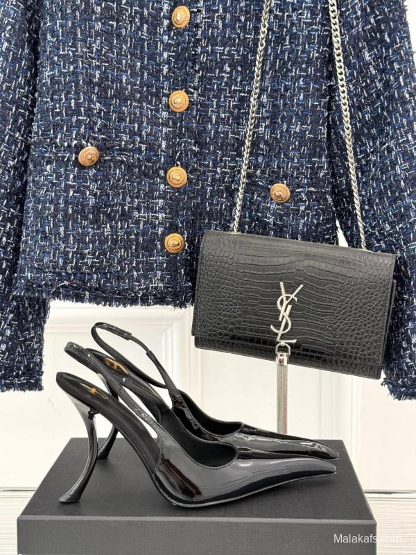 2025 Women YSL Black Patent Leather High Heel Slingback KFY00290