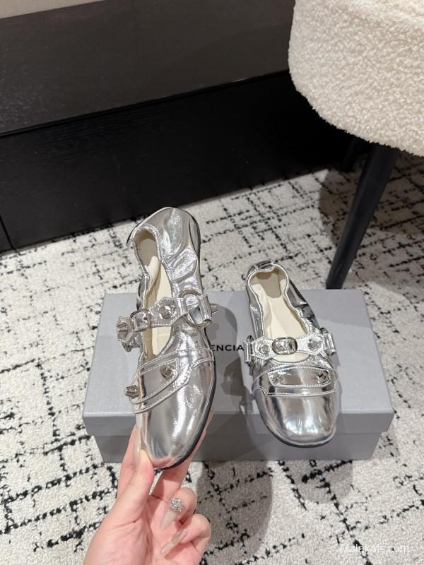 2025 Women BALENCIAGA Silver Leather Ballet Flats Metal Buckle KFY00300