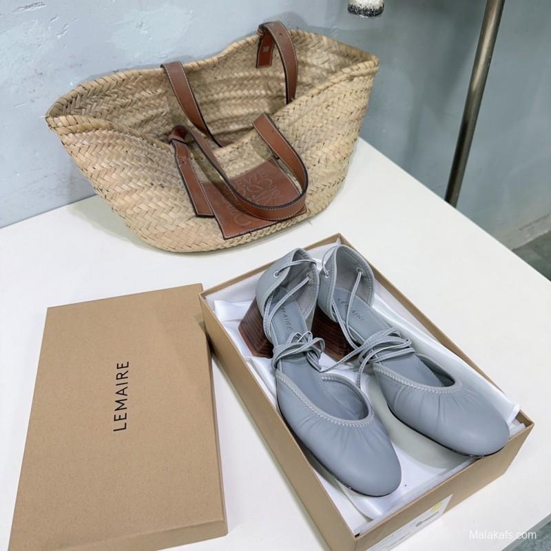 2025 Women LEMAIRE Light Grey Leather Mary Jane Block Heel KFY00300