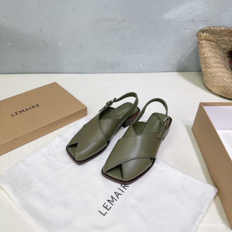 2025 Women Lemaire Green Leather Slingback Sandals KFY00310