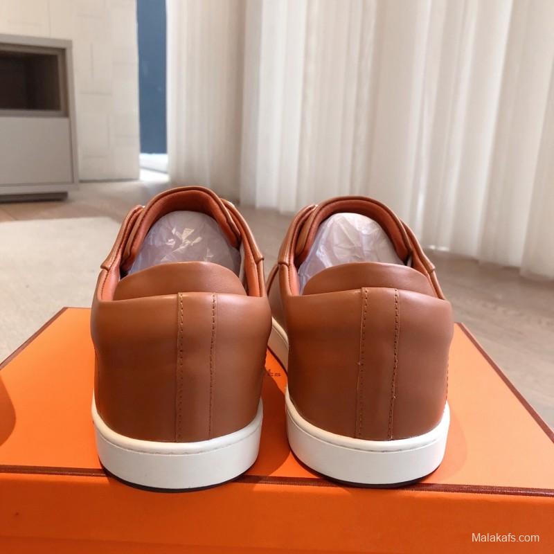 2025 Men Hermès Brown White Leather Sneakers AS00380