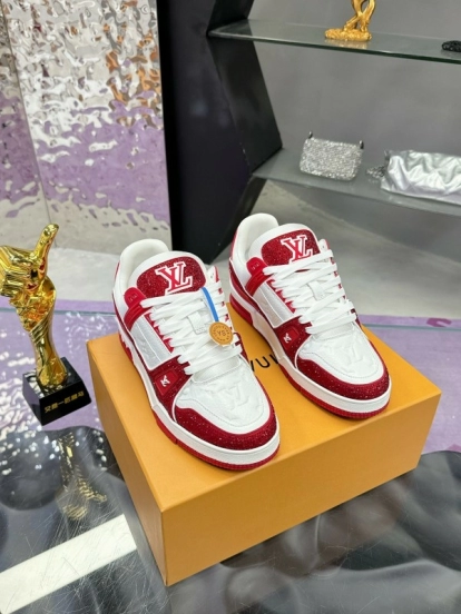 2025 Unisex Louis Vuitton Red White Leather Fabric Plimsolls Handmade Rhinestone AS00400
