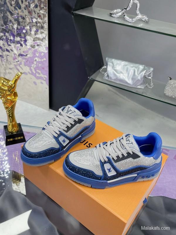 2025 Women Louis Vuitton Blue White Cow Leather Fabric Plimsolls Handcrafted Crystals AS00400