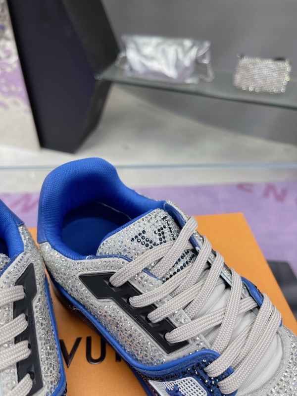 2025 Women Louis Vuitton Blue White Cow Leather Fabric Plimsolls Handcrafted Crystals AS00400