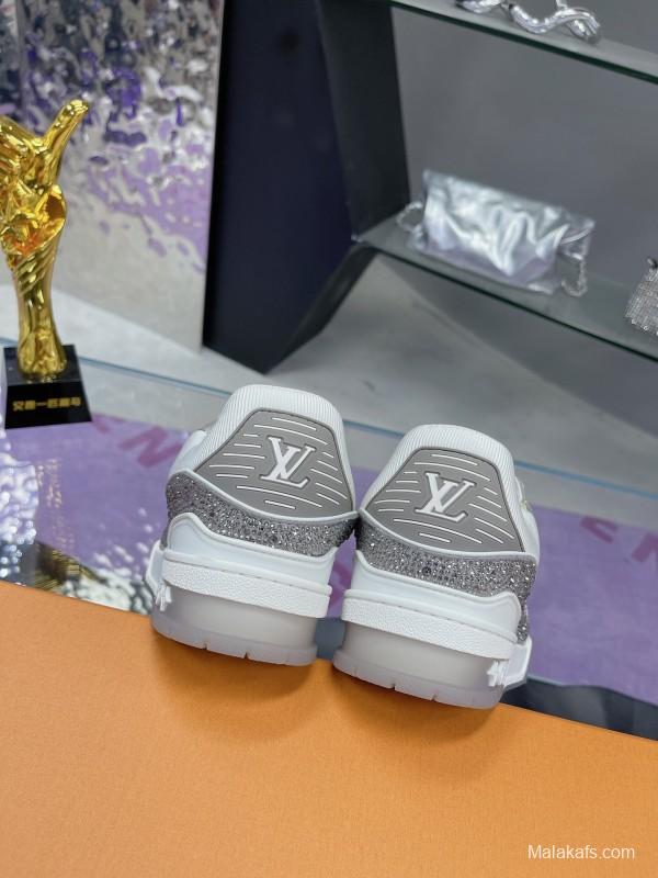 2025 Unisex Louis Vuitton White Silver Leather Fabric Plimsolls Handcrafted Crystals AS00400