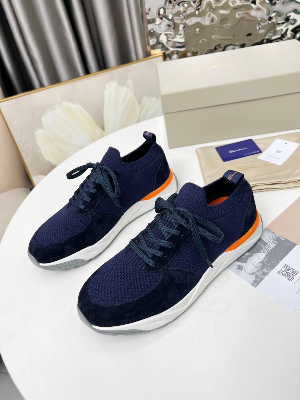 2025 Unisex Santoni Navy Orange Wool Knit Leather Sneakers AS00320