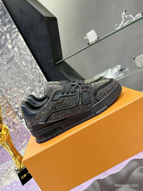 2025 Unisex Louis Vuitton Black Handmade Rhinestone Leather Fabric Plimsolls LV Trainer AS00400