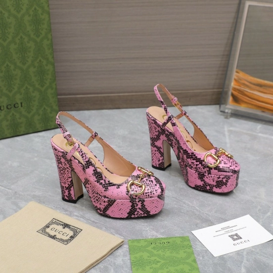 2025 Women Gucci Pink Black Leather Platform High Heels KFY00320