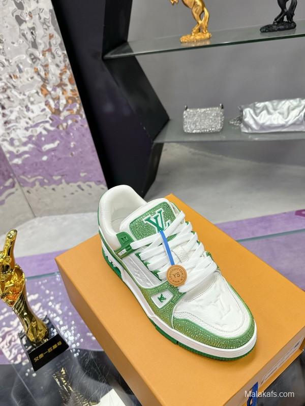 2025 Unisex Louis Vuitton Green White Leather Canvas Plimsolls Handcrafted Diamonds AS00400