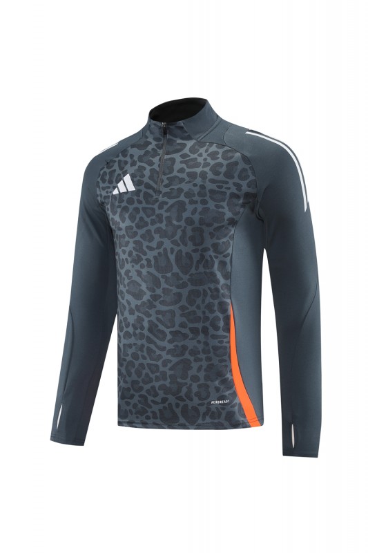 2025 Adidas Dark Grey & Black with Leopard Print Pattern and Orange Accents Half Zipper Jacket +Long Pants