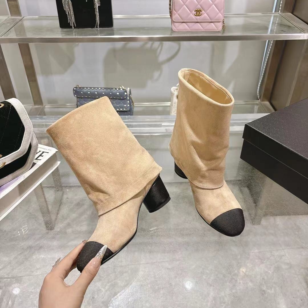 Chanel 2025/SS Coco Runway Turn-Cuff Chunky Heel Straight Tube Boots Classic Color Block - LY00400